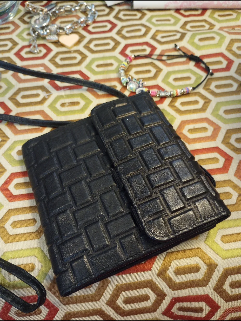 Black Woven Textured Crossbody Wallet Leather
